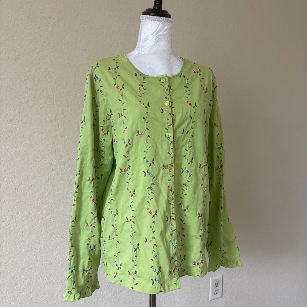 Vintage Cottagecore Denim & Co Lime Floral Embroidered Ruffle Sleeve Shirt Large